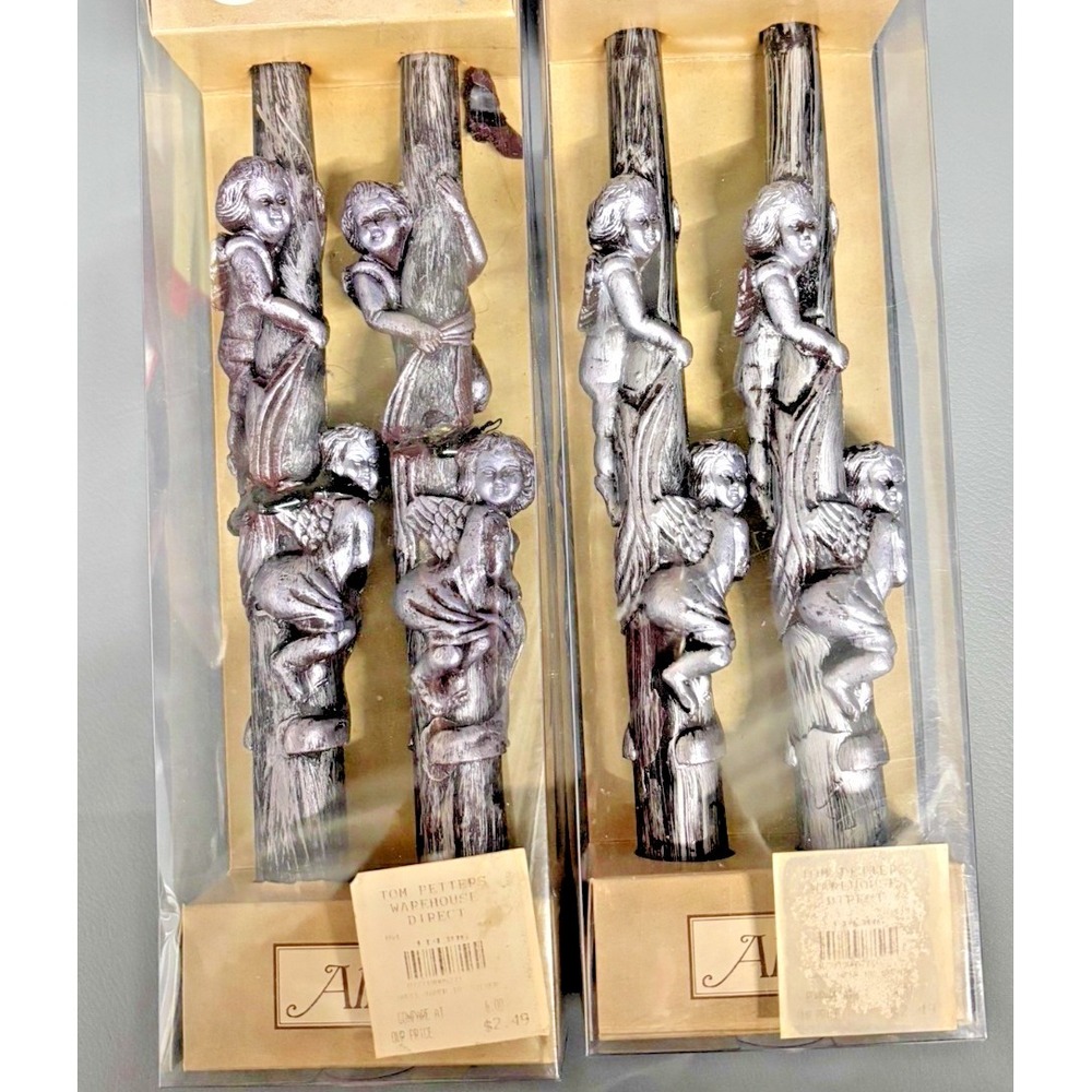 VTG Silver Cherub Taper Candles Sculpted Decorative Angel Climbing Tree Lot of 2